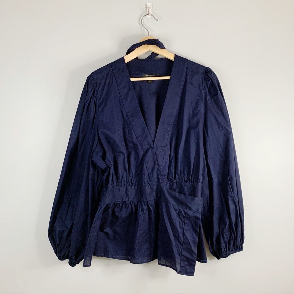 Banana Republic Women's Puff Sleeve Wrap Top Blouse Navy Blue V Neck Cotton XL